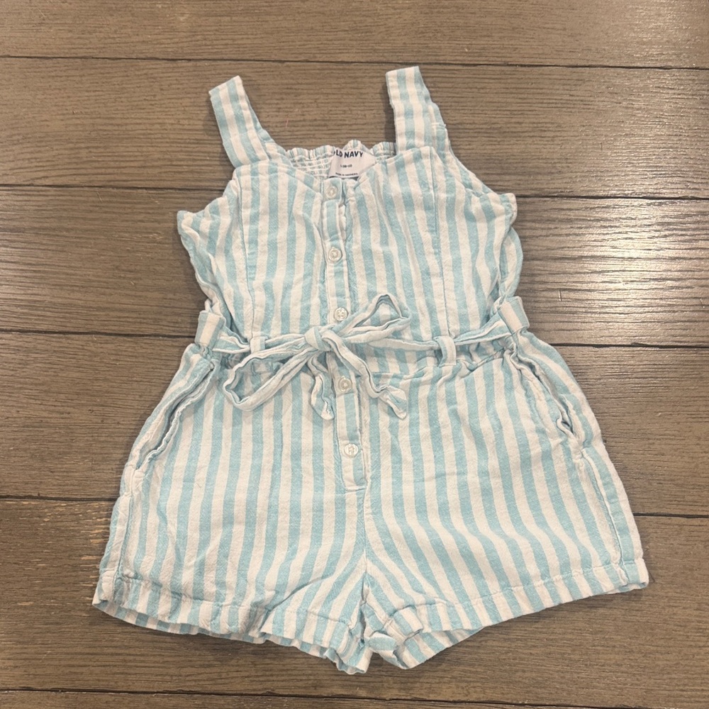 Old Navy Blue & White Striped Girls Cotton Romper with Tie Waist